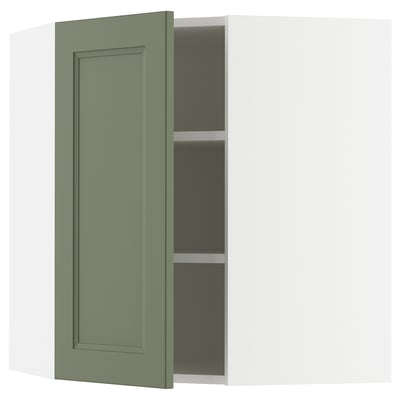A SEKTION kitchen cabinet with a grey-green axstad door, featuring a color-matched interior and adjustable shelves.