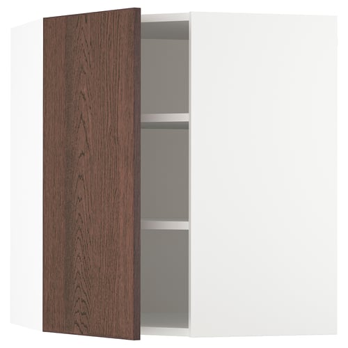 SEKTION kitchen cabinet, white with dark brown wooden door. One open shelf, square design.