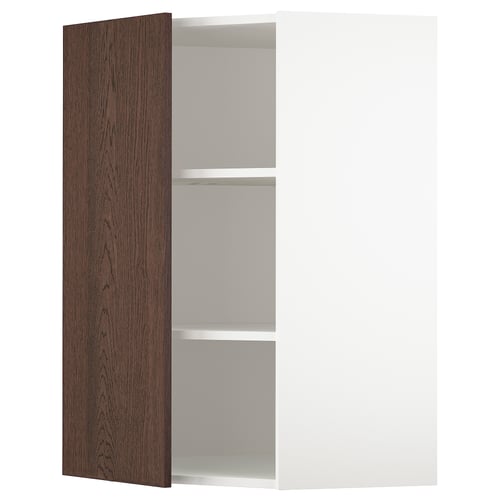 A white and dark brown kitchen cabinet unit with wooden trim. It has two open shelves and a partially closed door with a wooden edge.