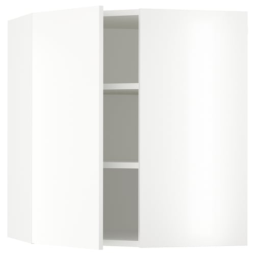 A white SEKTION corner cabinet with a modern design, featuring snap-on hinges and adjustable shelves.