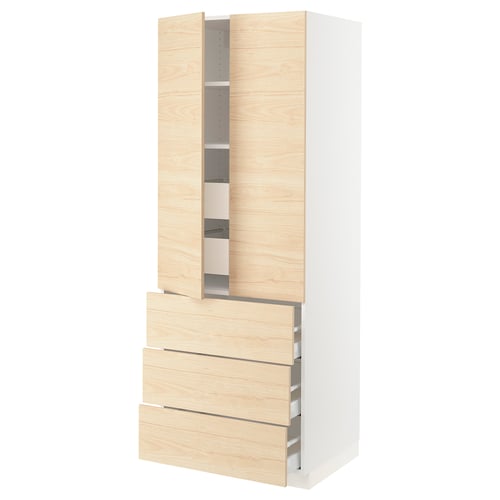 SEKTION kitchen cabinet in light ash, white frame, three drawers, two doors, light and natural look.