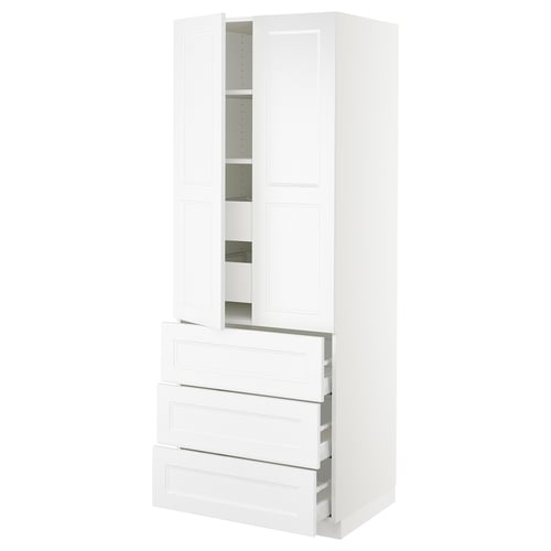 White ikea SEKTION kitchen cabinet with drawers and adjustable shelves.