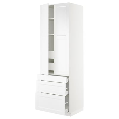 A white SEKTION kitchen cabinet with shelves and drawers. Its sleek, modern, and adjustable shelves within a sturdy frame.