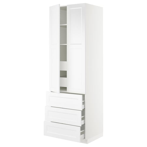 SEKTION white kitchen cabinet with three shelves, three drawers, and medium drawer and door dampers.