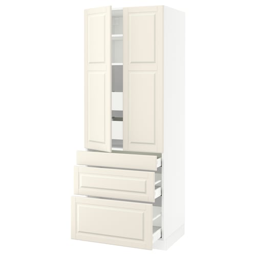 Off-white SEKTION cabinet with bodbyn fronts and traditional bevelled edges. Multiple drawers and shelves.