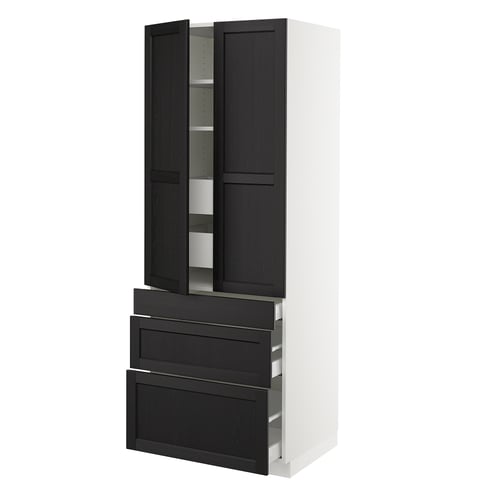 An ikea SEKTION kitchen cabinet with black-stained wooden doors and drawers, featuring adjustable shelves and a sleek design.