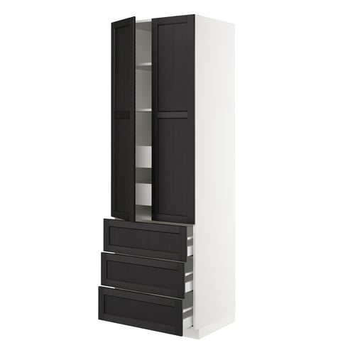 SEKTION kitchen cabinet with grey stained ash doors and adjustable shelves.