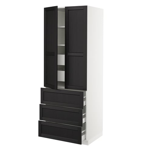 A black ikea SEKTION kitchen cabinet with dark stained wood and bevelled edges, featuring shelves and drawers.