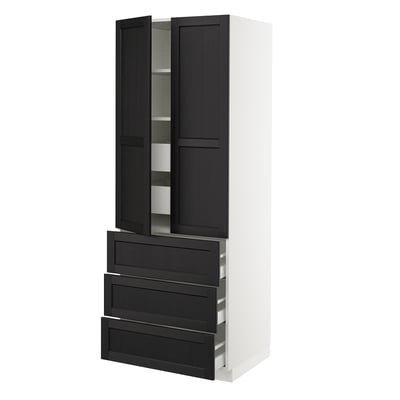 SEKTION High cab w 2 drs/3 fronts/5 drawers, white/Lerhyttan black stained, 30x24x80 "