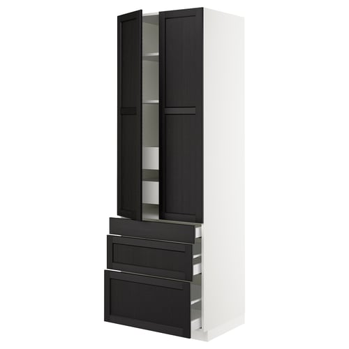White ikea SEKTION cabinet with black-stained doors, shelves, and drawers.