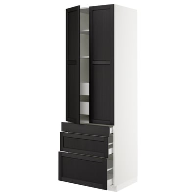 White ikea SEKTION cabinet with black-stained doors, shelves, and drawers.