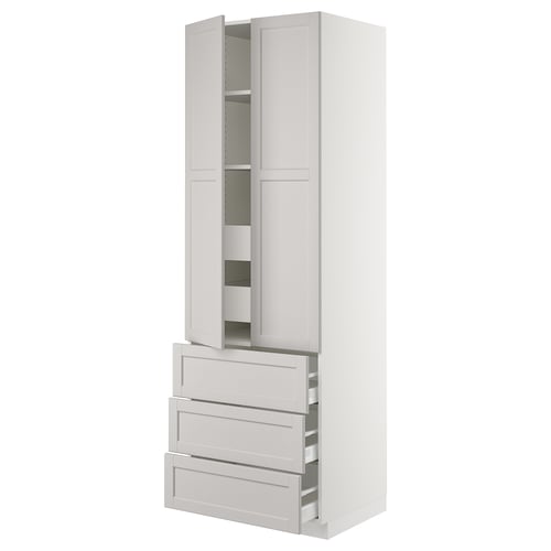 A white SEKTION tall storage cabinet with multiple shelves and drawers, featuring a classic, traditional design.