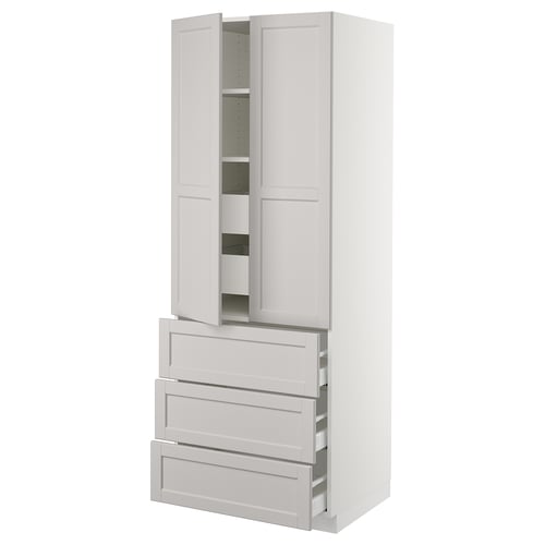 A light grey SEKTION kitchen cabinet with four drawers and two doors, featuring a traditional design with bevelled edges.