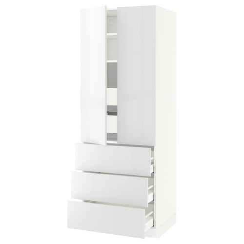 White SEKTION kitchen unit with drawers and shelves, glossy finish.