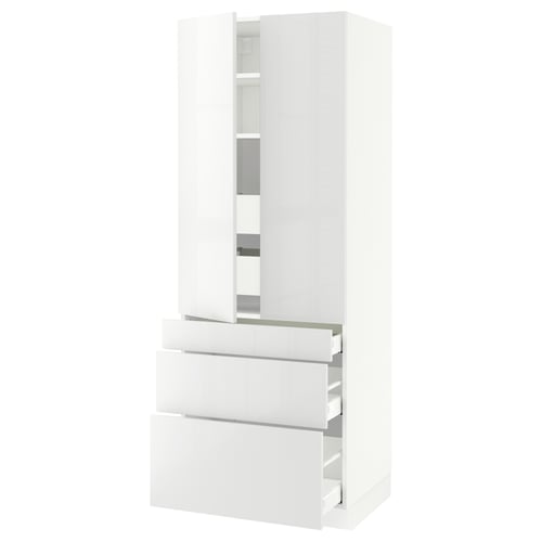 Sleek white SEKTION kitchen cabinet with glossy doors, adjustable shelves, and soft-close drawers.