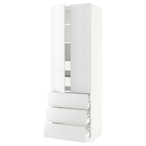 White SEKTION kitchen unit with glossy drawers and cabinet, high and sleek design.