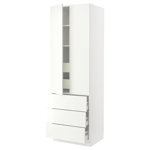 White SEKTION kitchen cabinets: tall 2-door, 3-shelf unit & lower 3-drawer section.