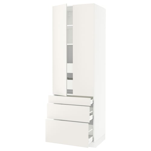 White ikea SEKTION kitchen storage with drawers, cabinets, adjustable shelves, and smooth-close mechanisms.