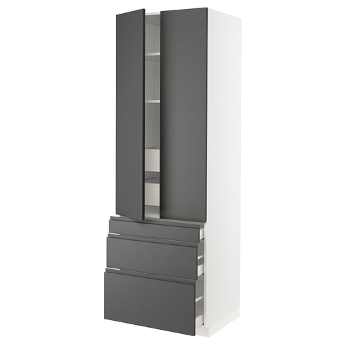 A modern, tall grey SEKTION kitchen cabinet with drawers and open compartments, designed by IKEA.