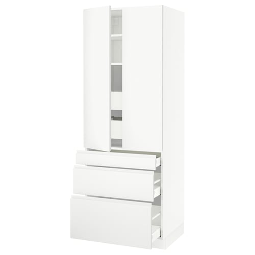 White kitchen cabinet, modern design, multiple drawers and shelves, high quality materials.