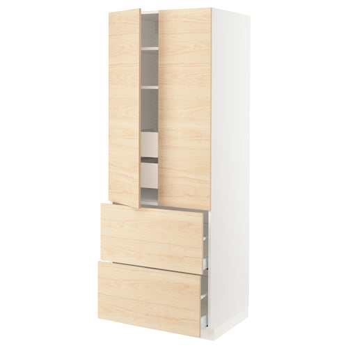Light wood and white cabinet, modern design, adjustable shelves, soft-close drawer.