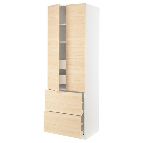 White SEKTION kitchen cabinet with light wood doors & drawers.