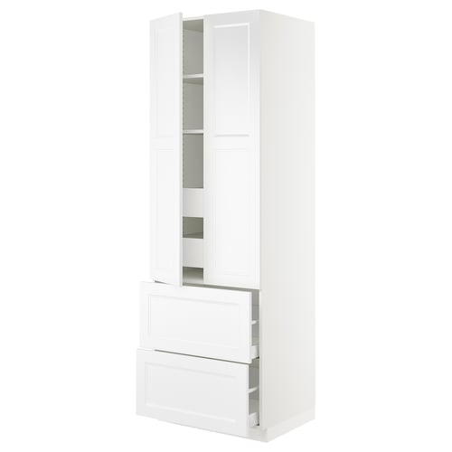 White SEKTION kitchen cabinet with drawers and shelves for storage.