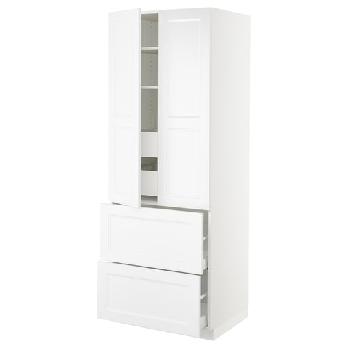 Ikea SEKTION white kitchen cabinet with drawers and shelves.