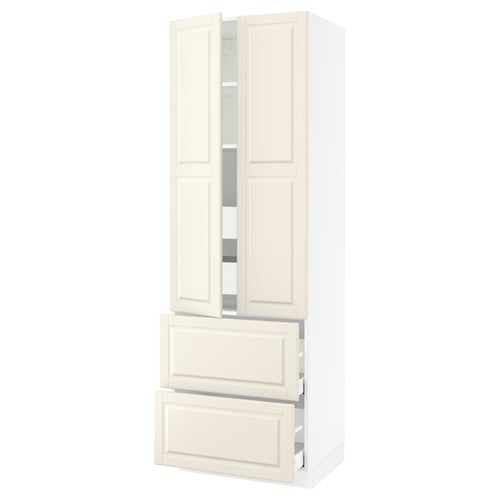 A white SEKTION kitchen cabinet with two doors and three drawers, featuring traditional off-white styling and bevelled edges.