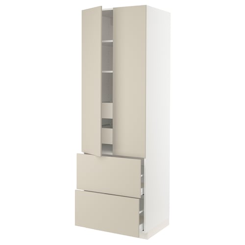An off-white SEKTION kitchen cabinet with drawers and shelves, featuring a sleek modern design.