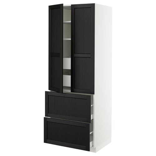 Black and white kitchen unit, wooden doors with bevelled edges, three shelves, two drawers.