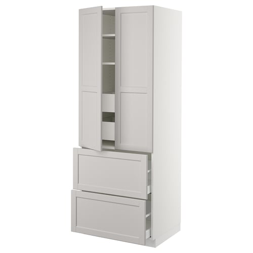White SEKTION kitchen unit with drawers and shelves.