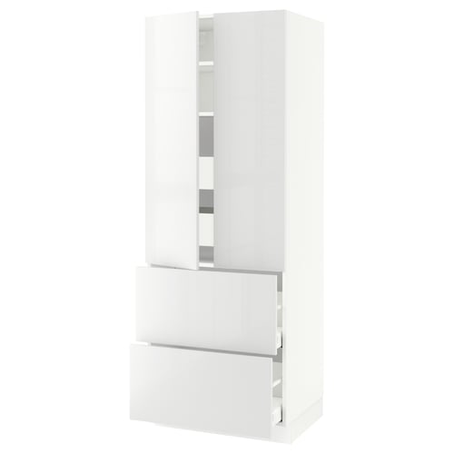 Modern white kitchen cabinet with drawers, glossy finish, vertical shape, sleek design.