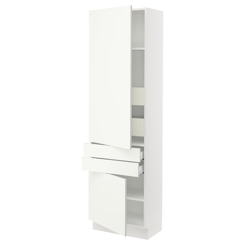 A white SEKTION kitchen cabinet with adjustable shelves and a soft-closing drawer.