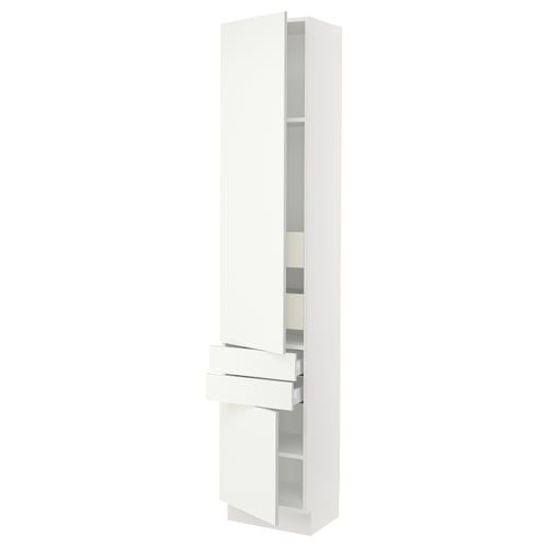A tall, modern, white kitchen cabinet by IKEAs SEKTION system. Clean lines and a simple design with drawers and adjustable shelves.