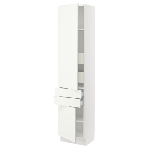 White SEKTION kitchen cabinet with drawers and shelves. Modern minimalist design.