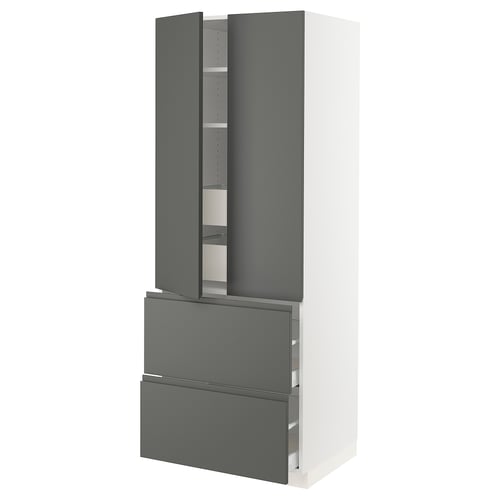 Modern kitchen cabinet in dark grey with two drawers and two adjustable shelves.