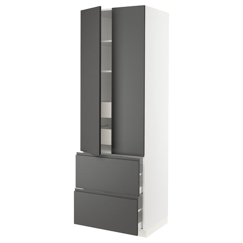SEKTION kitchen unit, tall, white with dark grey drawers and cabinet doors, minimalist design, metallic handles.