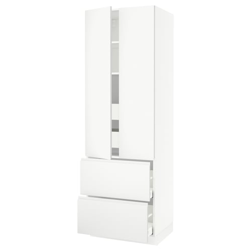 Modern white kitchen cabinet with minimalist design and integrated handles.