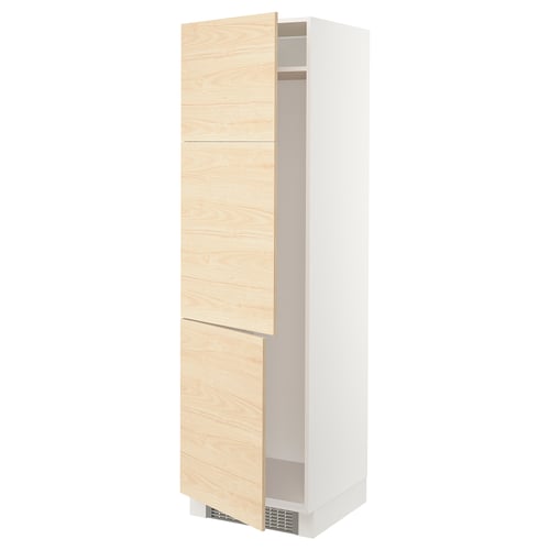 An open light wood-colored cabinet from IKEA’s SEKTION kitchen system. The cabinet two adjustable shelves and snap-on hinges.