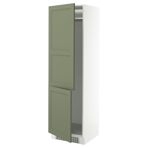 SEKTION tall kitchen cabinet in green, white frame, with partially open door.