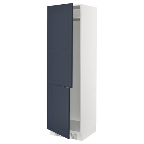 SEKTION kitchen cabinet with blue axstad doors, white frame, adjustable shelves, and gently closing hinges.