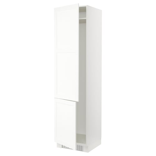 A white SEKTION tall kitchen cabinet with a door. It a sleek, modern design with a smooth finish and a single compartment behind the door.