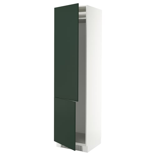 A tall, white SEKTION kitchen cabinet with dark green doors, partially open, revealing shelves inside.