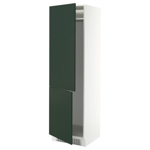 A tall, white SEKTION cabinet with deep green doors. One door is open, revealing storage space inside. The doors have a sleek, modern design.