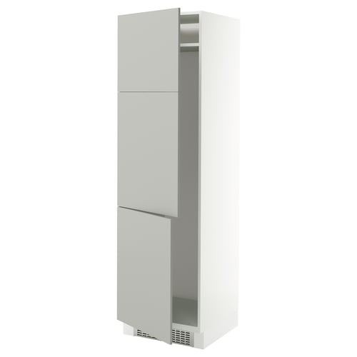 White SEKTION kitchen cabinet, light grey havstorp, tall, rectangular, modern design with one open door.