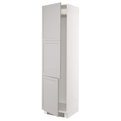 SEKTION kitchen cabinet, light grey, tall with hinged doors, white interior, bevelled edges.