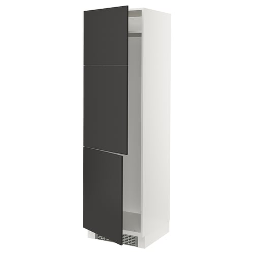 A tall white cabinet with two black doors, one open revealing shelves. Minimalist design for modern kitchens.