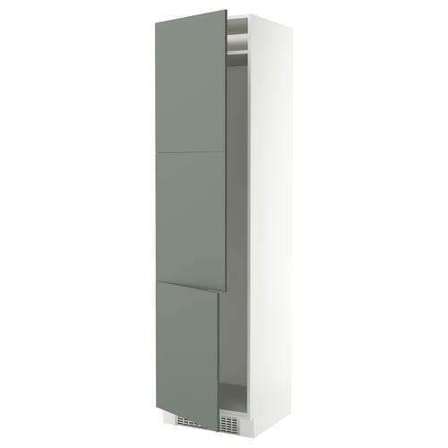 A SEKTION kitchen cabinet with matt grey-green nickebo fronts. Its tall, rectangular, and has a sleek design with two adjustable shelves inside.