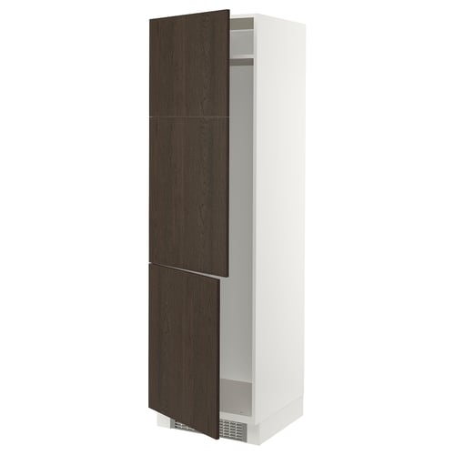 A white SEKTION kitchen cabinet with dark brown sinarp wooden doors, featuring a slim design.